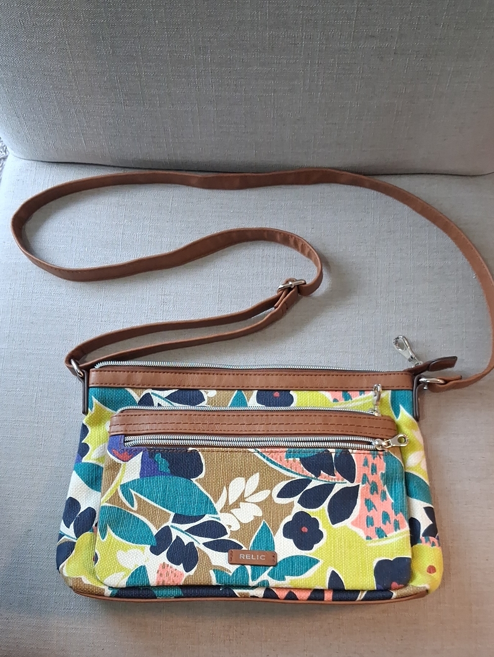 Relic Floral Canvas Crossbody in Teal, Navy, Yellow & Tan